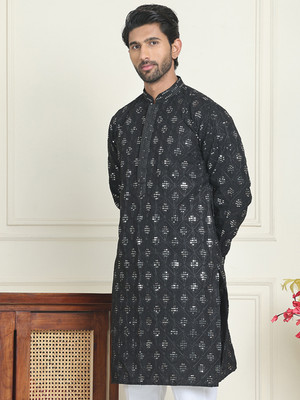 ANOUK Men Embroidered Straight Kurta(Black)