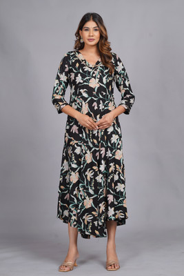 JAI HANUMAN HAND PRINTING Women Floral Print A-line Kurta(Black)