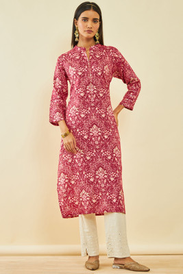soch Women Floral Print Straight Kurta(Pink, Beige)