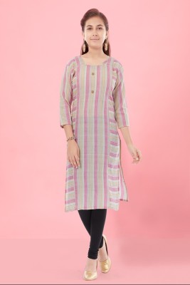 HERE&NOW Girls Striped Straight Kurta(Pink)