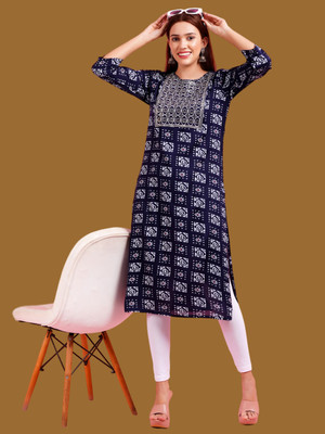 JC4U Women Block Print Straight Kurta(Dark Blue)