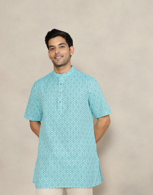Fabindia Men Printed Straight Kurta(Blue)