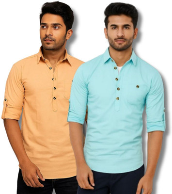 CROWNTAIL Men Solid Straight Kurta(Orange, Light Blue)
