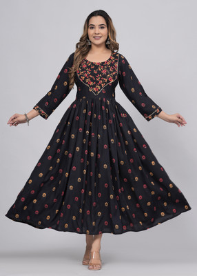 Anuttara Fashions Women Printed Anarkali Kurta(Black)
