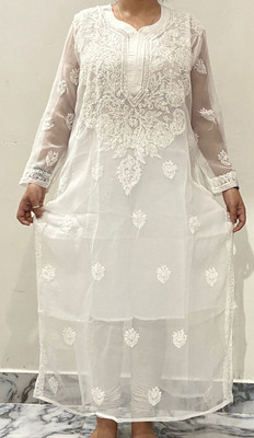 RIDDHI Women Chikan Embroidery Ethnic Dress Kurta(White)