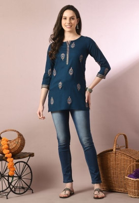 JR JEZREEL Women Floral Print Straight Kurta(Blue)