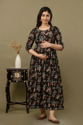 Tulsiram Women Printed Anarkali Kurta(Black, Red)