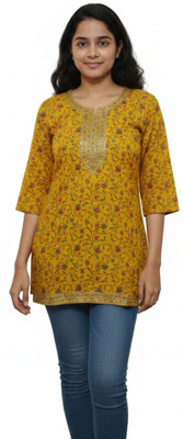 Krishnakala Women Floral Print, Printed A-line Kurta(Yellow)