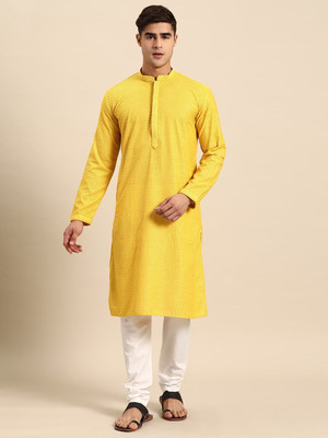 Rajubhai Hargovindas Men Embroidered Straight Kurta(Yellow)