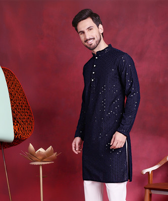 Jompers Men Embellished Straight Kurta(Light Blue)