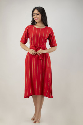 DMP EXPORT Women Striped Flared Kurta(Red)