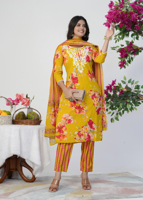 LUBNACREATION Women Floral Print, Embroidered, Striped Straight Kurta(Yellow)