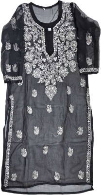 Malti chikankari Women Chikan Embroidery A-line Kurta(Black)