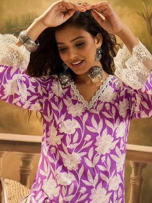 KHUHA Women Printed Straight Kurta(Purple, White)