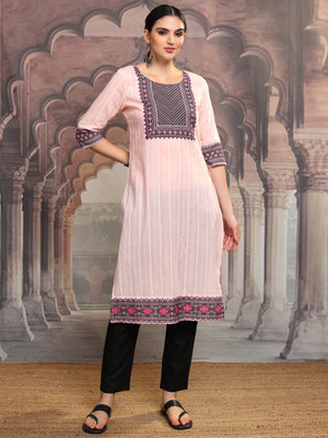 Vishudh Women Embroidered Straight Kurta(Pink)