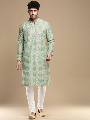 ANOUK Men Geometric Print Straight Kurta(Green)