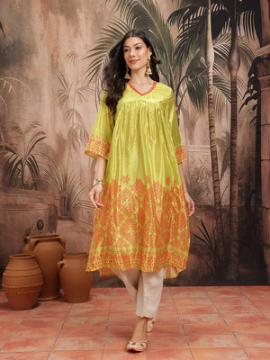 Sangria Women Printed A-line Kurta(Green)