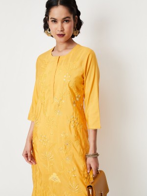 MAX Women Embroidered Straight Kurta(Yellow)