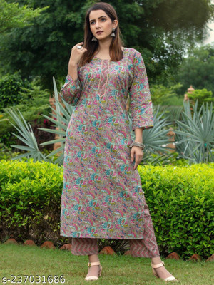 RR SA KURTIS Women Printed Straight Kurta(Grey)