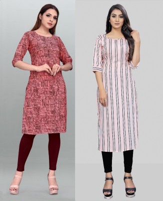 maruti fab Women Striped, Floral Print Straight Kurta(Red, White)