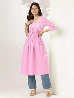 Janasya Women Embroidered A-line Kurta(Pink)
