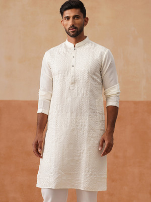 Jompers Men Self Design Straight Kurta(White)