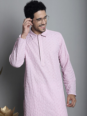 Jompers Men Embroidered Straight Kurta(Pink)