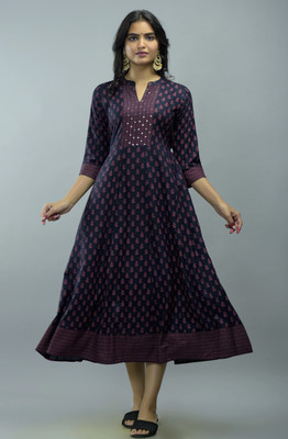 DIPANI Women Printed, Embroidered Anarkali Kurta(Dark Blue)