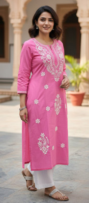 ChikankariArts Women Embroidered Straight Kurta(Yellow)
