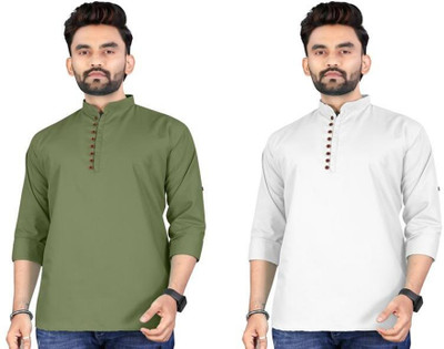 click n buy Men Solid Asymmetric Kurta(Green, White)