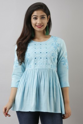 VIYANA COLLECTION Casual Embroidered Women Light Blue Top