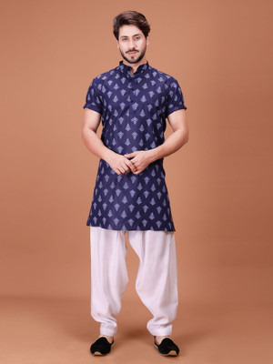 Shiwam Ethnix Men Printed A-line Kurta(Dark Blue)