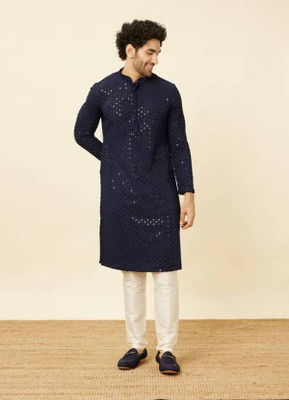 manpera Men Printed Straight Kurta(Dark Blue)