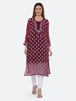 FIIZA Women Embroidered Straight Kurta(Maroon)