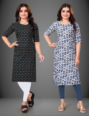 MOBHISA Women Printed Straight Kurta(Blue)