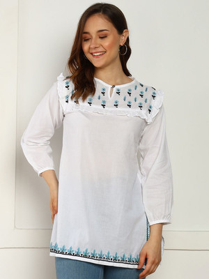 VAHSON Women Chikan Embroidery, Embroidered A-line Kurta(White, Multicolor)