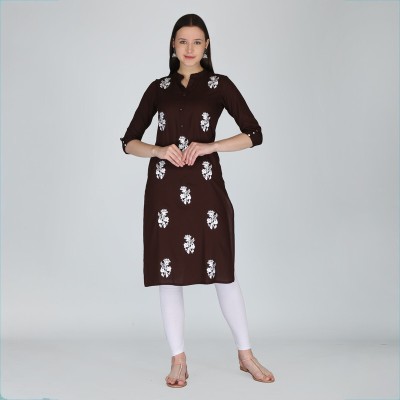 Mauka Women Embroidered Straight Kurta(Brown)