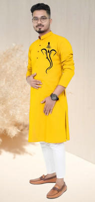 Hoodler Fab Men Printed Straight Kurta(Yellow)