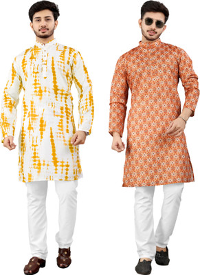 DHASU TRENDZ Men Printed Straight Kurta(White, Orange)