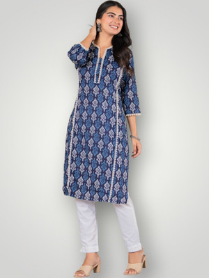 Jaipuur Trend Women Printed Straight Kurta(Dark Blue)