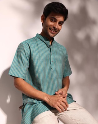 Fabindia Men Striped Straight Kurta(Dark Green)