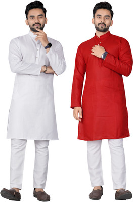 DHASU TRENDZ Men Solid Straight Kurta(White, Red)