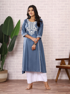 Safoora Creation Women Embroidered A-line Kurta(Light Blue)