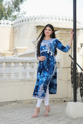 Divastri Women Chikan Embroidery A-line Kurta(Dark Blue)