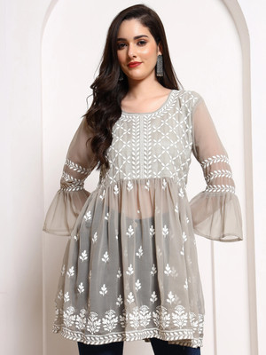 Anmi Chikan Embroidery Women Flared Kurta(Grey)