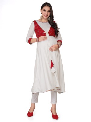 Mom For Sure by Ketki Dalal Women Embroidered Anarkali Kurta(Red, White)