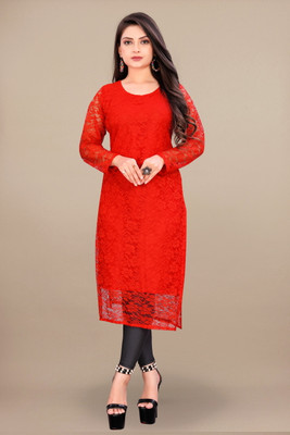 HouseOfCommon Women Self Design Straight Kurta(Red)