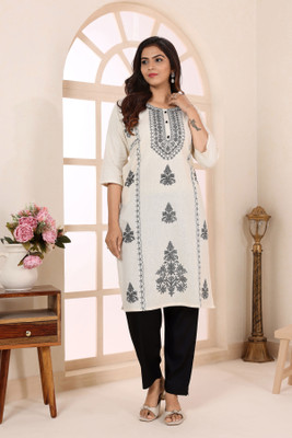 Keshubaba Women Floral Print Straight Kurta(Beige)