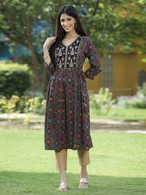 Juniper Women Printed A-line Kurta(Black)