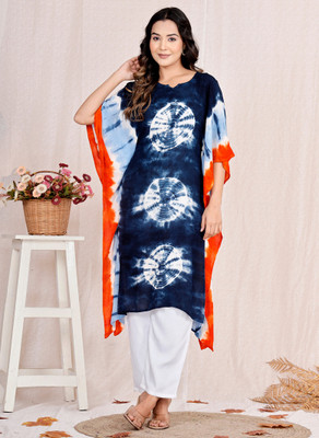 LYFJ Women Printed Kaftan Kurta(Blue)